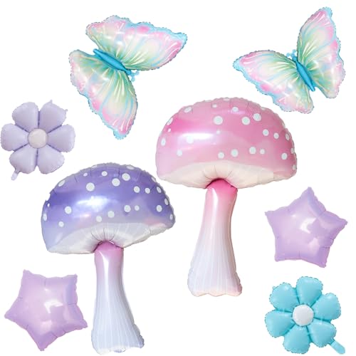 Y-YUEMY 8Pcs Pink Purple Mushroom Balloons Butterfly Flower Star Balloons for Fairy Birthday Party Decorations Enchanted Forest Alice Themed Decor