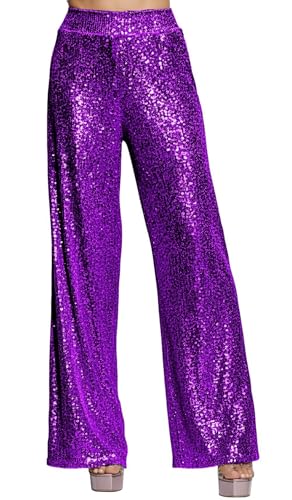Women's Sparkly Sequin Dress Pants Purple Fashion Casual Wide Leg Pants Club Party Stretchy High Waist Trousers Size Medium