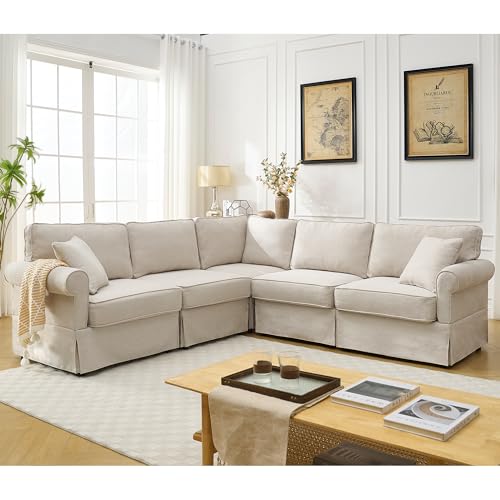 KEIKI 94" L-Shaped Linen Sectional Sofa, 5-Seater, Beige
