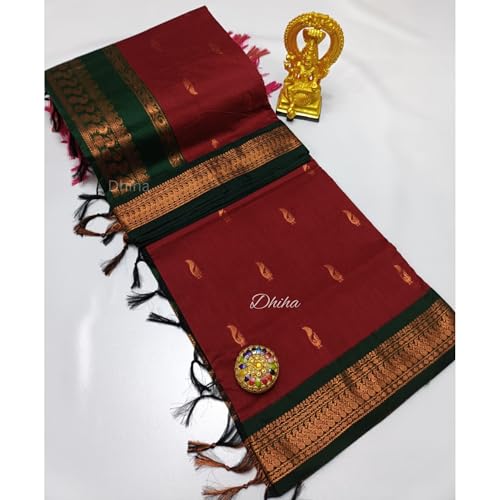 Image of DHIHA Gadwal Cotton Saree for Women | Pure Kalyani Cotton Saree with Zari Border Tassels & Blouse | Kanjivaram Linen Silk | Handloom Weave