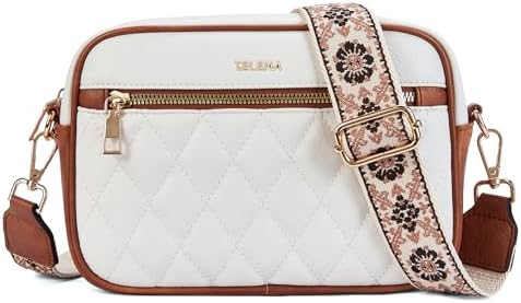 Telena Crossbody Bags for Women Small Crossbody Purses Quilted Vegan Leather with Guitar Strap Beige with Brown
