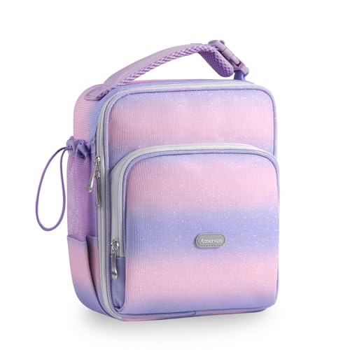 Amersun Kids Lunch Bag with Water Bottle Holder & Snacks Multi-Pocket for School, Water-resistant & Insulated Lunch Box for Kids, Children, Boys, Girls(Pink)