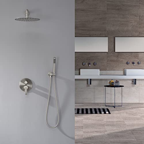 Image of Iriber Brushed Nickel Shower System Wall Mounted Shower Faucet Mixer Set with 12 Inches Rain Shower head and Handheld, Bathroom Shower Trim Kit Contain Pressure Balance Valve