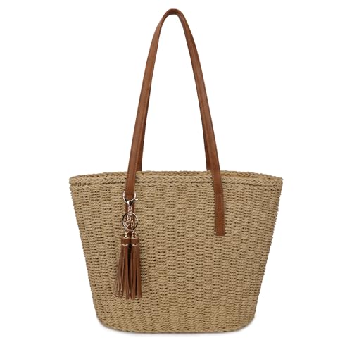 Image of Womens Large Straw Tote Bag Handmade Woven Shoulder Handbag Summer Beach Purse with Tassel