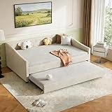 FAVSH Upholstered Daybed with Trundle, Full Size Day Bed w/Button-Tufted Back and Piping on Waved-Shape Arms for Bedroom or Guest Room, No Box Spring Required,Beige