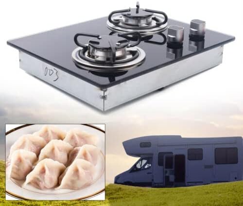 15" Tempered Glass Panel Built-in LPG Gas Stove - Portable Dual Fuel Countertop for RV, Camper, Caravan, Outdoor, Apartment (2 Burners)