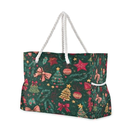 Large Beach Bags Totes Canvas Tote Shoulder Bag Bow Christmas Tree Water Resistant Bags for Gym Travel Daily