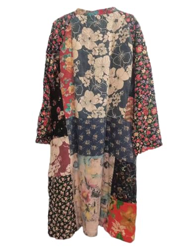NFYM Women's Trench Coat Long Cotton Linen Floral Print Jacket Cottagecore Clothing Patchwork Outwear Each Piece Unique (US, Alpha, X-Large, Regular, Regular, Yellow) - Thumbnail 2