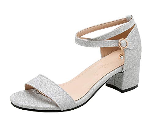Birdsight Damen Glitzer Sandaletten mit Kreuzschnalle und Blockabsatz Riemchen Elegant Chunky Heels Sommer Schuhe (Silber, 42) Cover