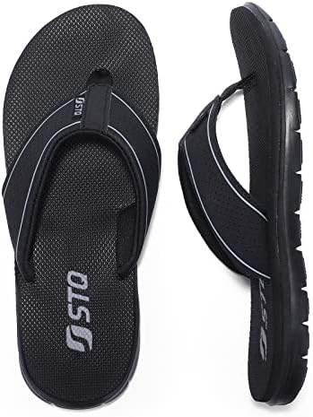 STQ Flip Flops for Women Comfortable Memory Foam Slip Resistant Thong Sandals for Beach All Black 10