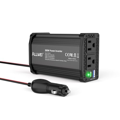 ALLWEI 300W Power Inverter 12V DC to 110V AC Car Plug Adapter Outlet Converter with 27W PD USB-C &18W USB-A Fast Charger, Car Cigarette Lighter Adapter for Laptop Tablets Phones - Portable - Black