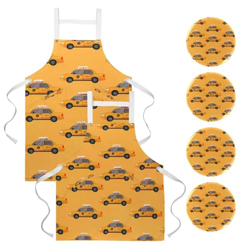 Lot de 2 tabliers de cuisine avec 4 broches à motif taxi jaune pour restaurant