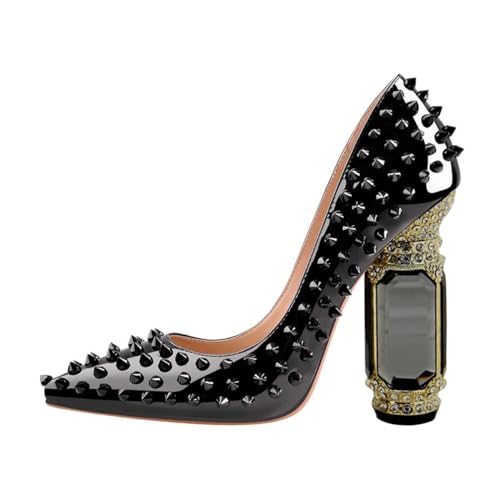 FSJ Women Sexy Studded Rivets Crystal Chunky High Heel Pumps Classic Closed Pointed Toe Slip On Basic Spikes Heel Ladies Party Wedding Shoes Size 4-16 US2