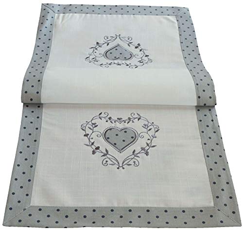 Matches21 Chemin de table/surnappe style maison de campagne brodé & cœur blanc crème/gris clair à pois 40 x 90 cm