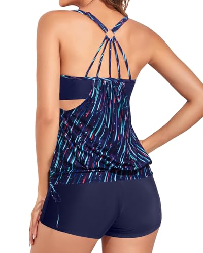 Image of Womens Tankini Swimsuit Two Piece Tummy Control Bathing Suit with Shorts | Double Up, Blouson Tank Top, Removable Pad, Adjustable Straps