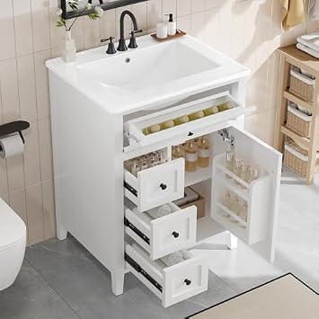 Virubi 24 in Bathroom Vanity with Sink and Soft Closing Doors,Solid Wood & MDF Modern Single Bathroom Sink Cabinet with Doors and Flip-Out Drawers,Freestanding