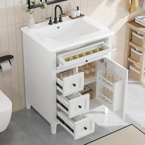 Top 10 Best Bathroom Vanities for Small Bathrooms Reviewed 8 Linique 24' Bathroom Vanity with Sink Combo Set, Solid Wood Frame Bathroom Storage Cabinet with 3 Drawers and a Tip-Out Drawer, Adjustable Shelves, Soft Closing Cabinet Door with Organizer, White