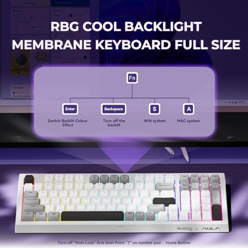Image of LEOBOG x Aula Wireless Keyboard,98 Keys Silent Computer Keyboards Creamy Color Membrane Keyboard with Number Pad RGB Backlit Rechargeable Quiet Gaming Keyboard for PC Mac Office - K99 Black&White&Grey