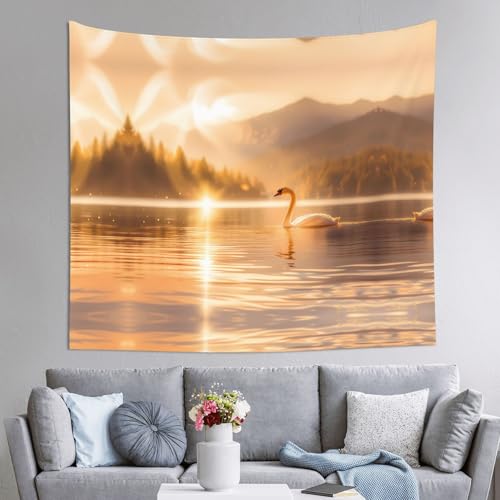 LPLSNWS Bedruckter Wandteppich für den Innenbereich, Motiv: Schwan im See, 152,4 x 129,5 cm, dekorativer Wandbehang, kann als Stranddecke oder Picknickdecke verwendet werden.