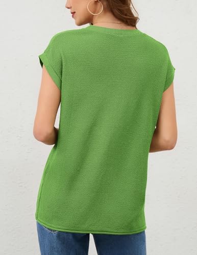 Image of Women Summer Casual Cap Sleeve Tank Tops Short Sleeve Waffle Knit Sweater Vest Oversized Crewneck Tee Shirt Green