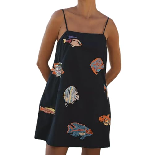 Muineobuka Women Boho Graffiti Cami Mini Dress Spaghetti Strap Colorful Flowy Seashell Fish Printed Summer Beach Sundress