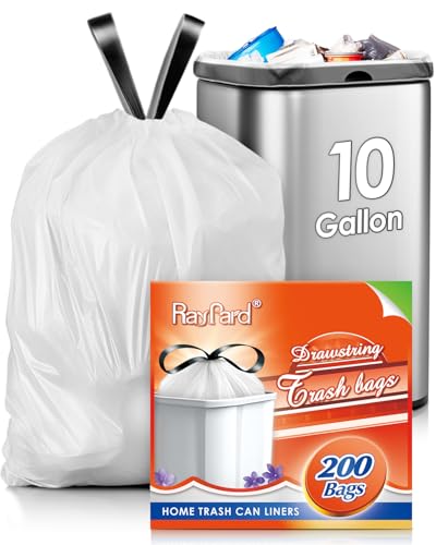 RayPard 10 Gallon (fit 30-35 Liter) 200 Counts Drawstring Trash Bags Medium Large Kitchen Garbage Bags Trash Can Liners for Home Office Light Residential Waste Outdoor Lawn Bags White