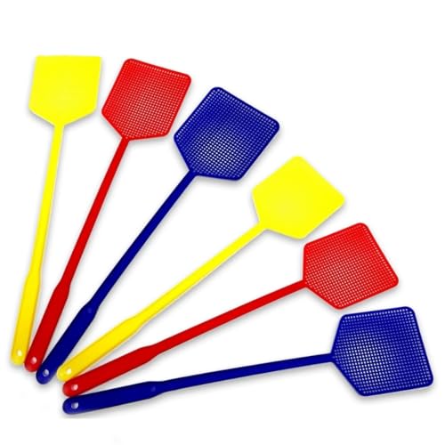 6x Fly Swatters Durable Plastic Long Handle 46cm Indoor & Outdoor Bug Swatter Set Large Head, Lightweight Design Assorted Bright Colours Pack of 6