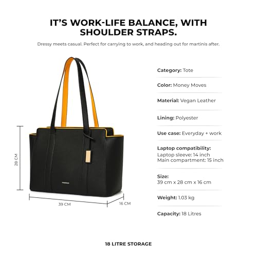 Image of MOKOBARA The Sunflower Tote Bag | Lightweight for Daily use and Work with Luggage Sleeve and 14 inch Laptop Compartment for Women Money Moves, Black