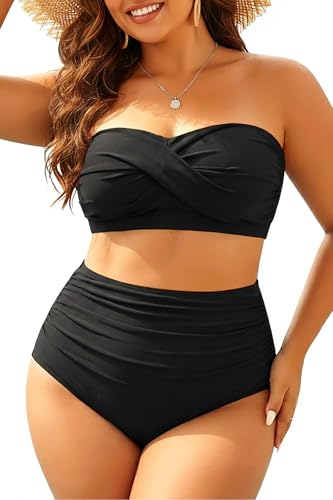 Yonique Women Plus Size Two Piece Swimsuits High Waisted Bathing Suits Bandeau Bikini Tummy Control...