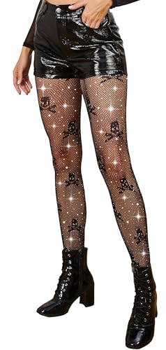 Glitzion High-Waist Fishnet Stockings for Women Sparkle Skull Design Stretchy & Breathable Sparkly Skull Tights for Daily Wear Parties Dance Halloween Cosplay & Plus Size Club Outfits