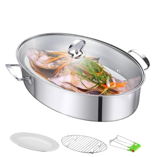 Comparison: Best Pan For Cooking Fish 11 GOVNPJ Stainless Steel Fish Steamer, Fish Steamer for Cooking Multi-Use Oval Pasta Pot/Braiser with Rack, Ceramic Pan, Chuck, Stockpot for Steaming Fish, Boiling Soup