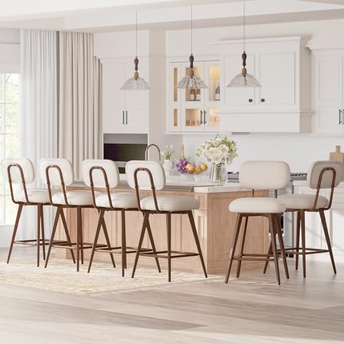 Image of MALOL 26 inch Swivel Bar Stools Set of 3, Mid Century PU Leather Counter Height Bar Chairs with Low Back and Metal Legs, Modern Bar Stool Chair for Kitchen Island, Beige