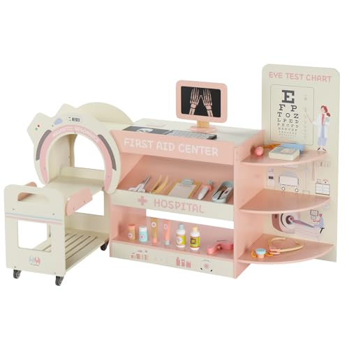 GODECOR Wooden Doctor Play Set, Kids Pretend Hospital Office Center Kit with 20 PCS Toy Medical Accessories for Kid & Toddler Age 3+
