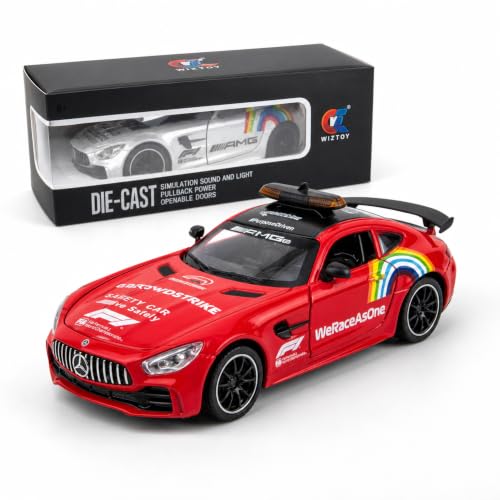 Image of Mercedes AMG GT F1 Safety Car 1:24 Scale Die Cast Metal Car - Pull Back Sports Coupe in Red with Openable Doors & Hood, Light & Sound, Steerable Wheels, Showpiece for Kids