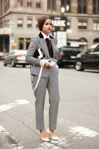 Women's Houndstooth 2 Pieces Suit One Button Jacket and Pants Business Office Lady4
