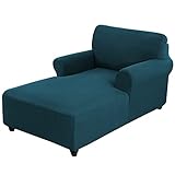 Chaise Cover, Stretch Chaise Lounge Covers, Chaise Chair Slipcover, Sofa Chaise Cover with Double Arm, Jacquard Fabric Small Checks Furniture Protector Couch Soft with Elastic Bottom（Deep Blue，M）