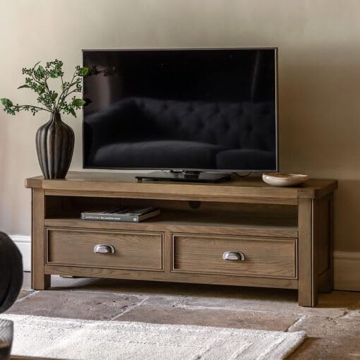 Levon Artson Solid Wood TV Unit Wooden Entertainment Center with 2 Storage Drawers & Open Shelf Modern Rustic TV Stand for Living Room Natural Oak Finish-image-31