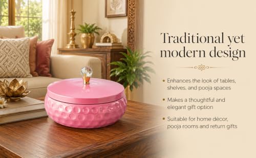 Image of Non Airtight 7 inch Hammered Metal bowl with crystal Lid - Return Gift (Baby Pink)
