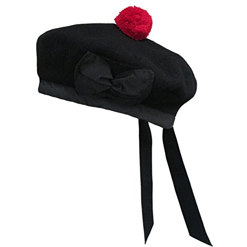 New Scottish Black Wool Balmoral Plain Hat with Red Pompom on Top (7 1/8 - (UK 57))