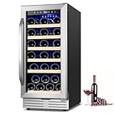 15 Inch Wine Fridge 32 Bottles Wine Cooler Refrigerator Undercounter Wine Fridge with Glass Door, LED Light, Removable Wooden Shelves, Built-in...