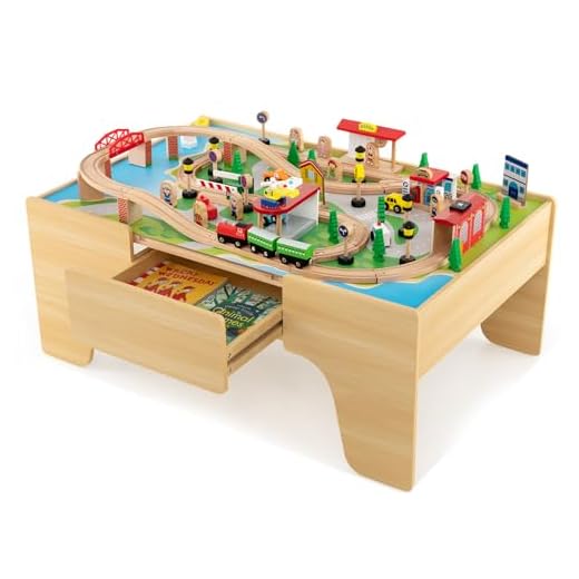 FANTASK 84-teiliges Spieltisch Holz, Kinder Eisenbahn Set mit umkehrbarer & abnembarer Tischplatte und Schublade, Aktivitätstisch zum Spielen, Malen, Lesen, Essen, Spielzeug für Kinder ab 3 Jahren