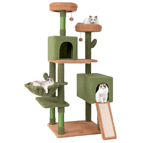 PETSITE 63 inch Cactus Cat Tree Tower, Multi-Level Cat Tower with Sisal Scratching Posts, Sisal Ladder, Hanging Balls, Cat Condos and Side Basket Bed, Cute Cat Tree for Indoor Cats