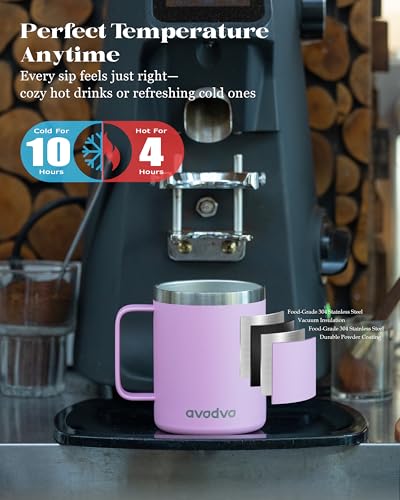 avodvo 12oz Insulated Coffee Mug with Lid – Includes Two Lids, Stainless Steel Coffee Travel Mug with Handle, Double Wall Vacuum Insulated Camping Mug for Home, Office & Outdoor, Pink - image 2
