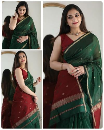 Image of Women's Cotton Soft Silk Sarees | Jamdani Cotton Saree With Attach Unstitched Blouse Piece