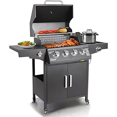 Propane Gas Grill 4 Burners with Side Burner Freestanding Grill Cart with Wheels for Outdoor Garden Cooking Barbecue Grill