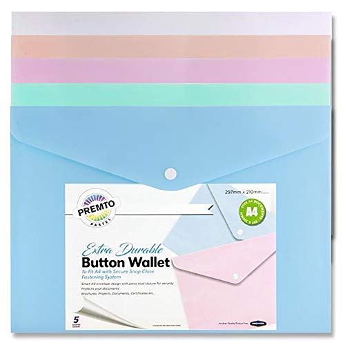 Premier Stationery Premto - Cartera con botones (A4, extra resistente) Colores pastel surtidos: blanco, melocotón, rosa, verde y azul. Paquete de 5 unidades.