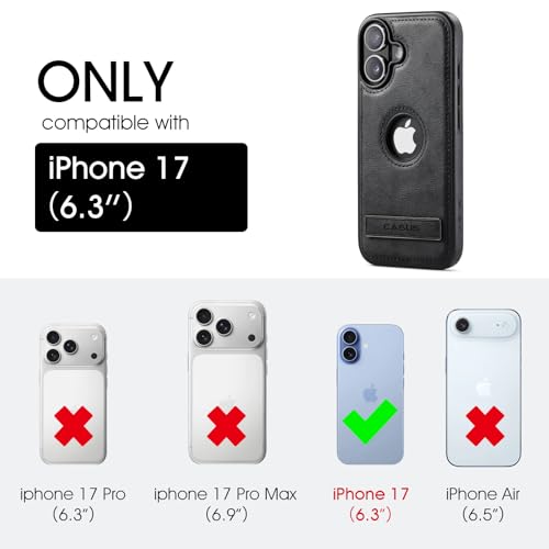 Image of Casus for iPhone 17 Case with MagSafe, Slim Kickstand Vegan Leather Protective Cover with Tempered Glass Screen Protector, 6.3 Inch (2025), Black