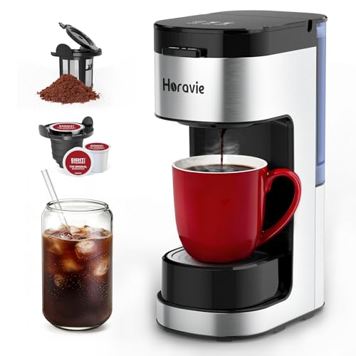 Horavie Single Serve Coffee Maker, Hot and Iced Coffee Maker for K Cup and Ground, 6 to 14 Oz Brew Sizes Single Cup Coffee Maker with Descaling Alert, Ideal for Home, Travel, RV and Dorm,Black