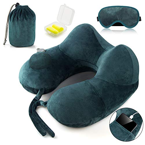 Ecosafeter Inflatable Travel Pillow - Neck Support Pillows,Quick Inflate Portable & Lightweight for Airplane,Office,Car,Sleeping Rest Cushion(Green)