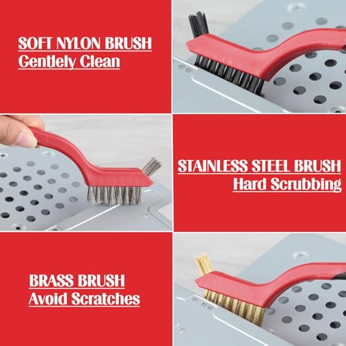 Image of 8 Pcs Wire Brush Set with Metal Scraper, Brass /Stainless Steel /Nylon Bristles Brush with Curved Handle, Heavy Duty Metal Brush for Rust Removal Welding Slag Paint Scrubbing Dust Deep Cleaning
